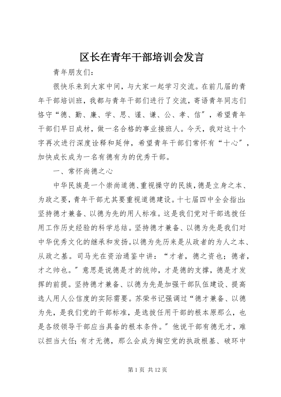 2023年区长在青年干部培训会讲话.docx_第1页