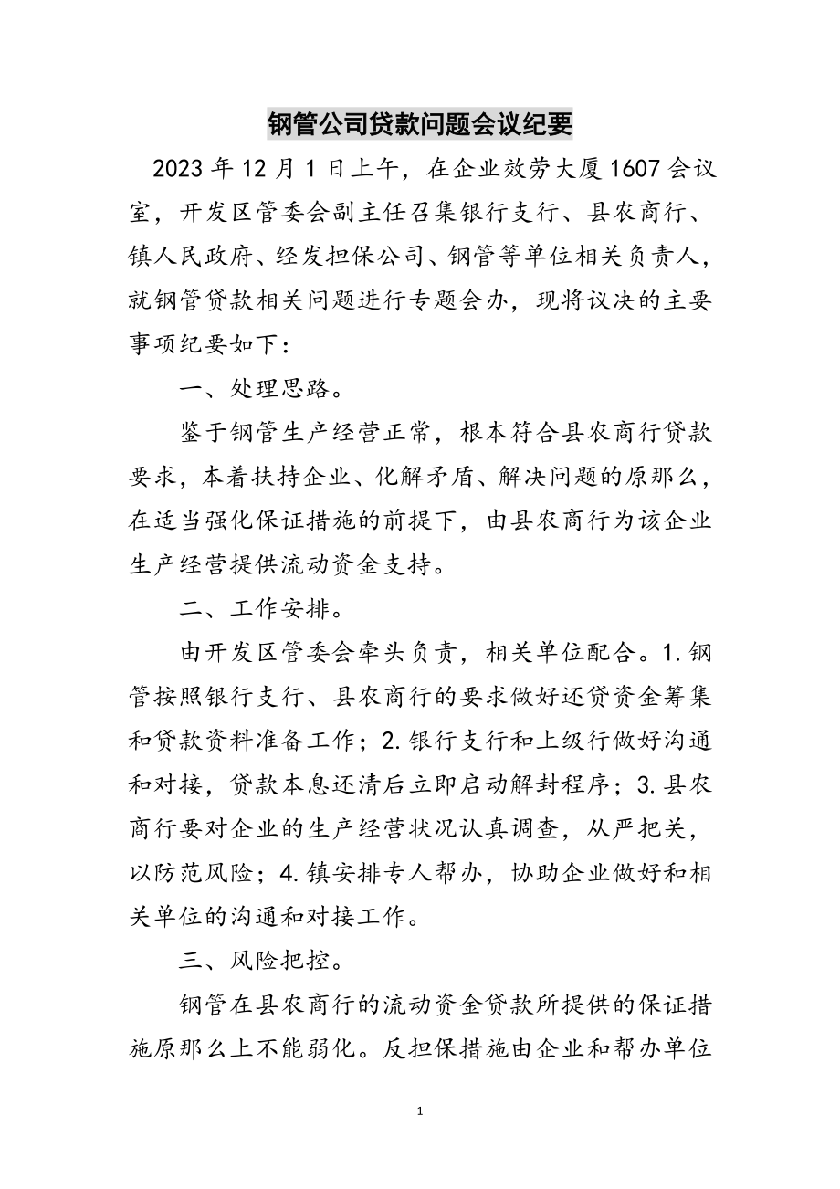 2023年钢管公司贷款问题会议纪要范文.doc_第1页