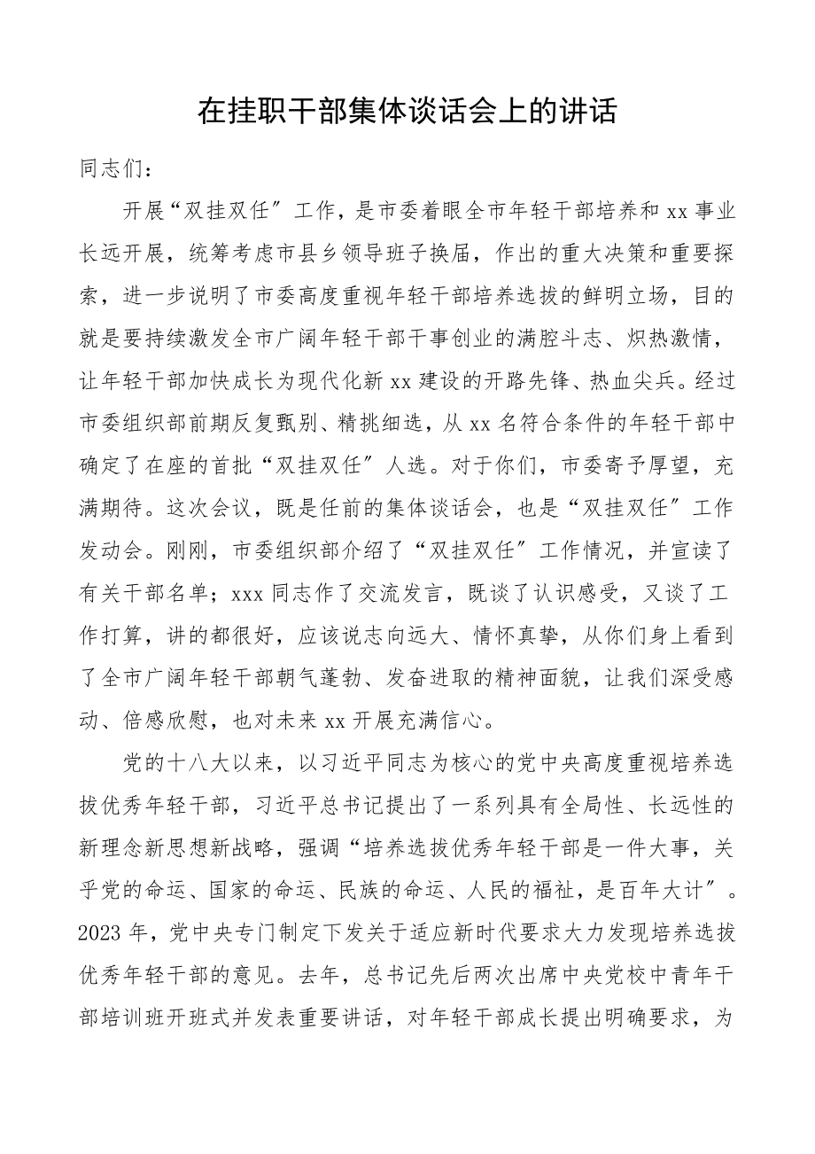 集体谈话在挂职干部集体谈话会上的讲话任前的集体廉政谈话会双挂双任工作动员会领导讲话文章范文.doc_第1页