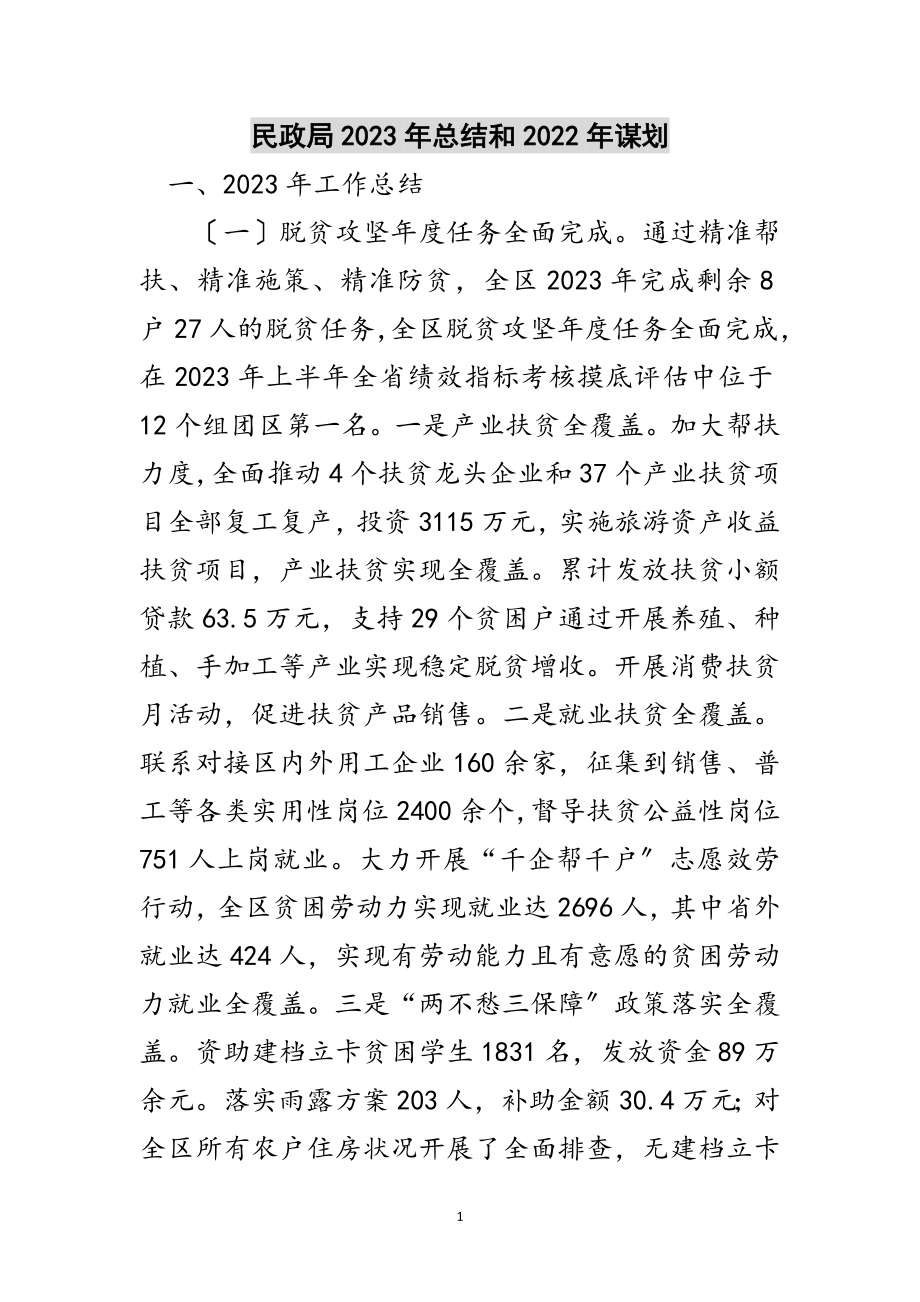 2023年民政局年总结和年谋划范文.doc_第1页