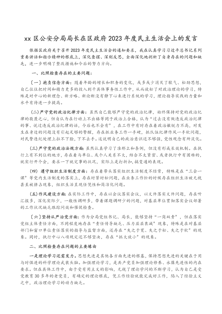 XX区公安分局局长在区政府2023年度民主生活会上的发言.doc_第1页