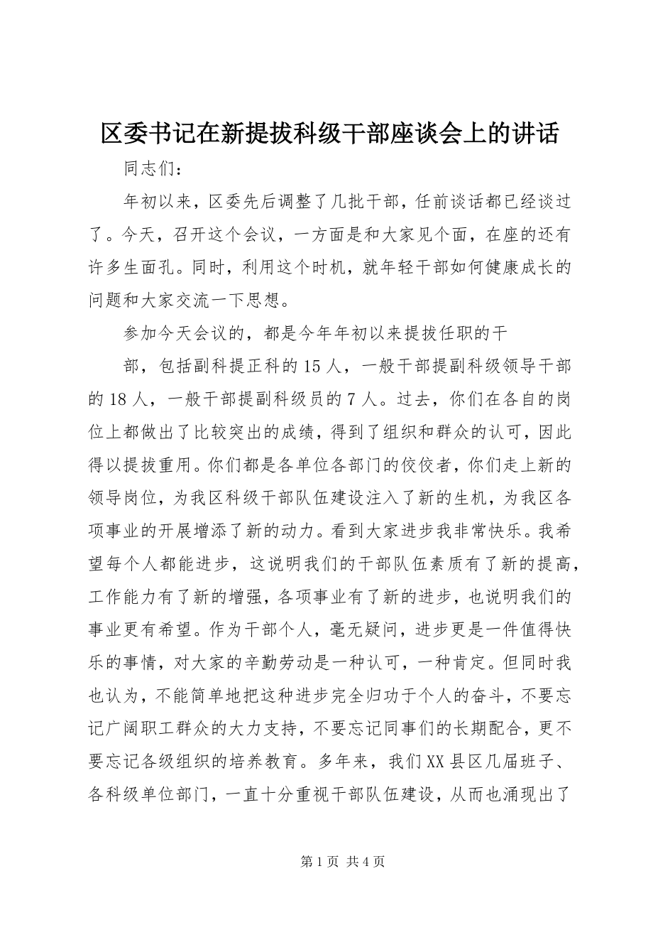 2023年区委书记在新提拔科级干部座谈会上的致辞.docx_第1页