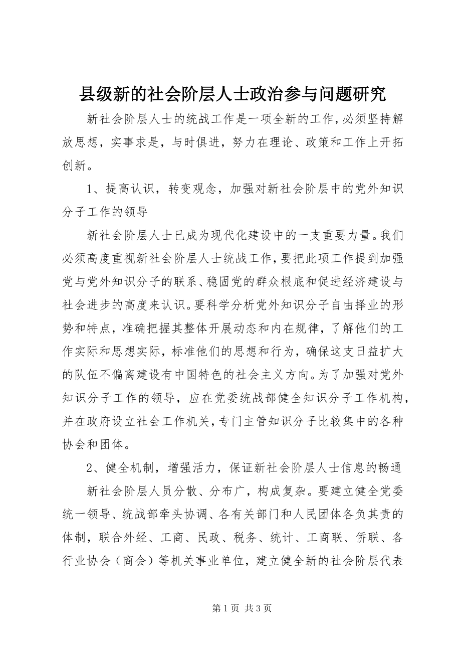 2023年县级新的社会阶层人士政治参与问题研究.docx_第1页