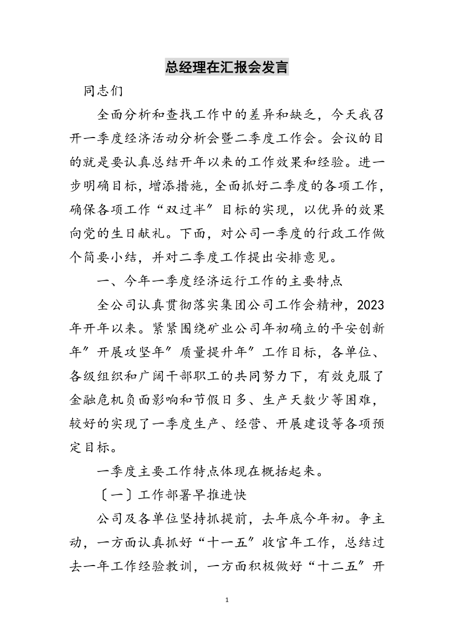 2023年总经理在汇报会发言范文.doc_第1页