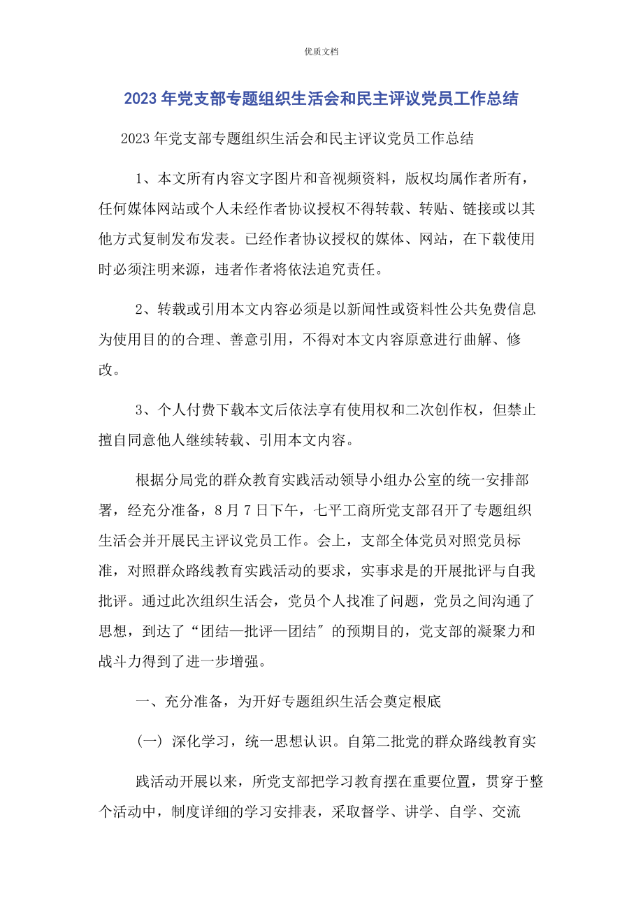 2023年党支部专题组织生活会和民主评议党员工作总结.docx_第1页