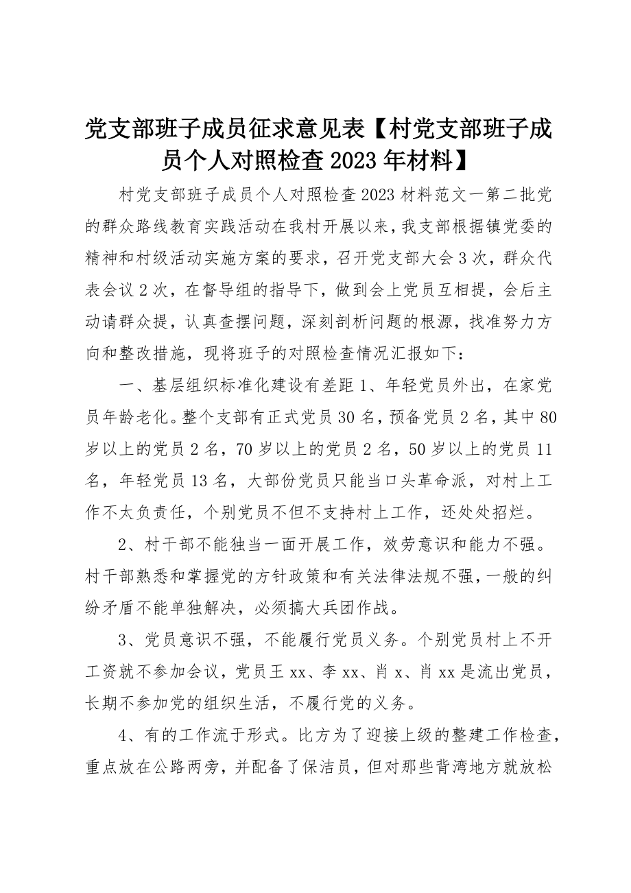 2023年党支部班子成员征求意见表村党支部班子成员个人对照检查某年材料.docx_第1页