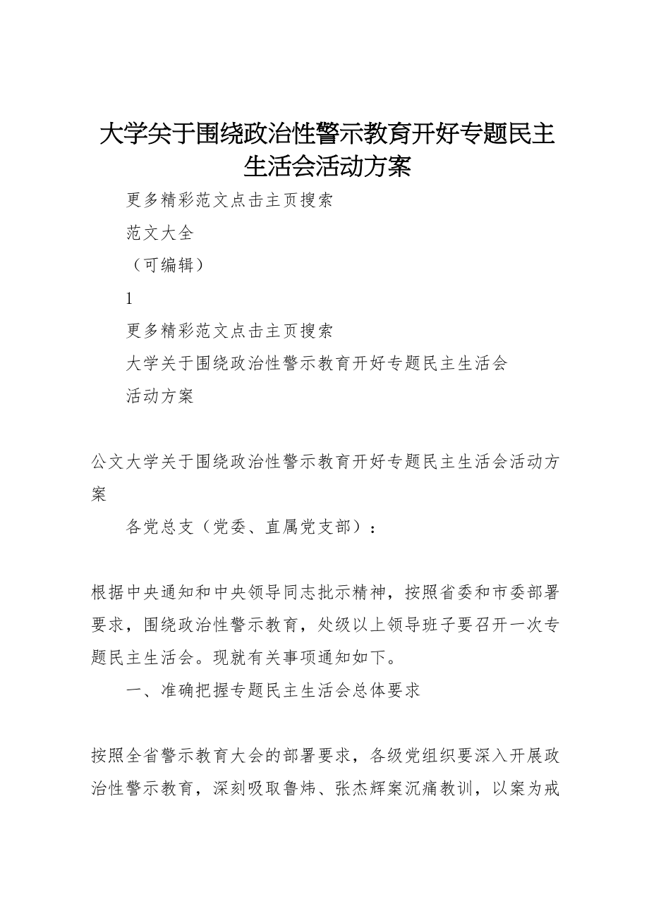 2023年大学关于围绕政治性警示教育开好专题民主生活会活动方案.doc_第1页