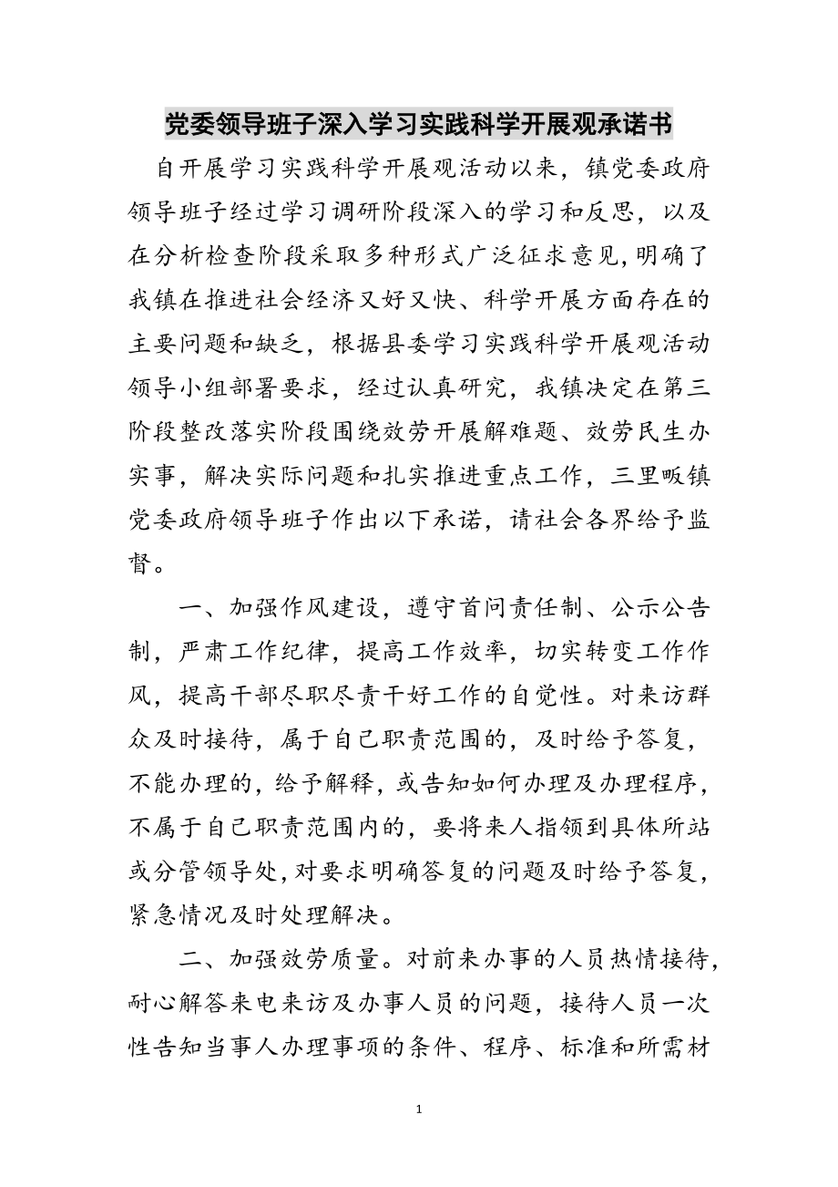 2023年党委领导班子深入学习实践科学发展观承诺书范文.doc_第1页