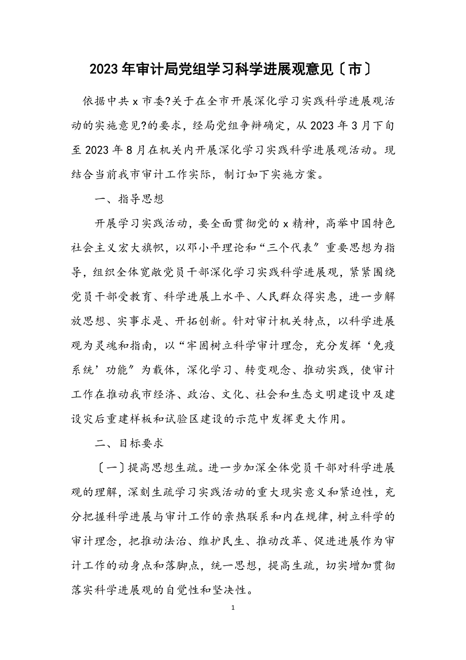 2023年审计局党组学习科学发展观意见（市）.docx_第1页