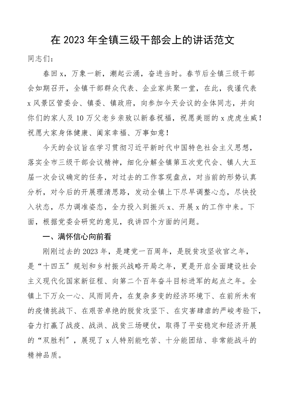 乡镇干部大会讲话2023年全镇三级干部会上的讲话.docx_第1页