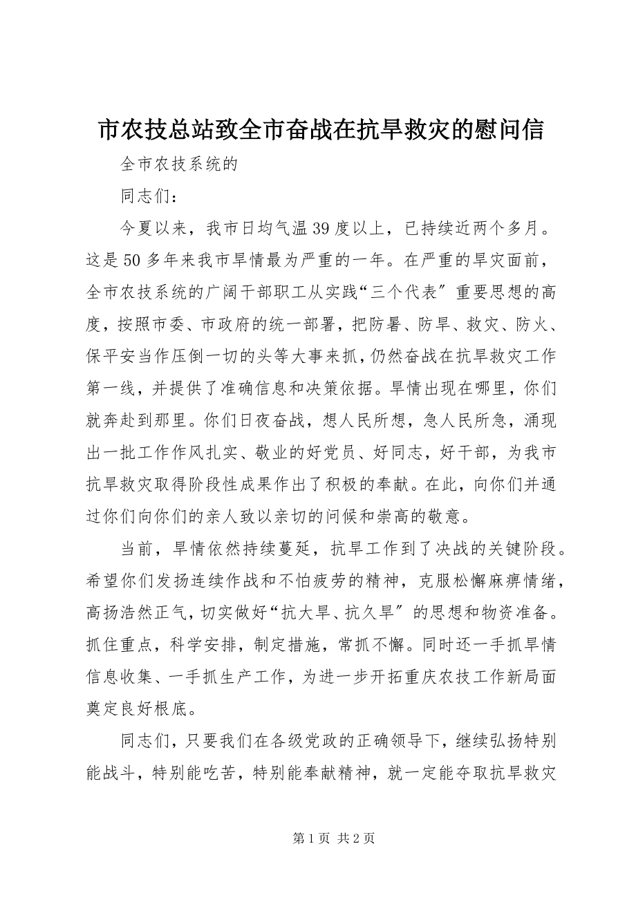 2023年市农技总站致全市奋战在抗旱救灾的慰问信.docx_第1页