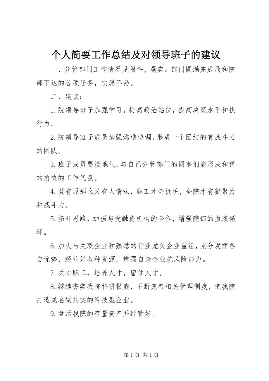 2023年个人简要工作总结及对领导班子的建议.docx_第1页