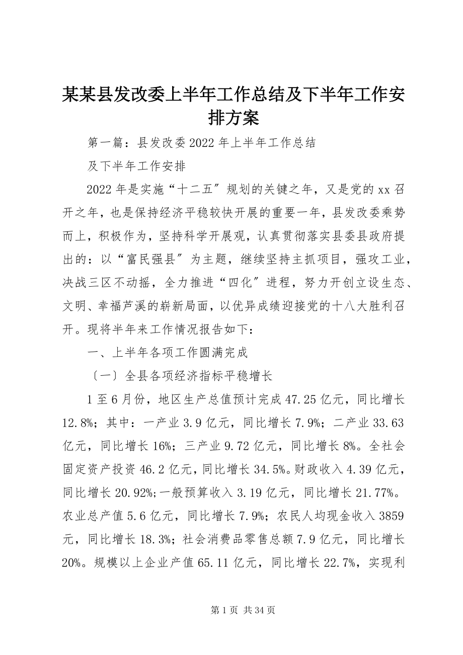 2023年某某县发改委上半年工作总结及下半工作安排计划.docx_第1页