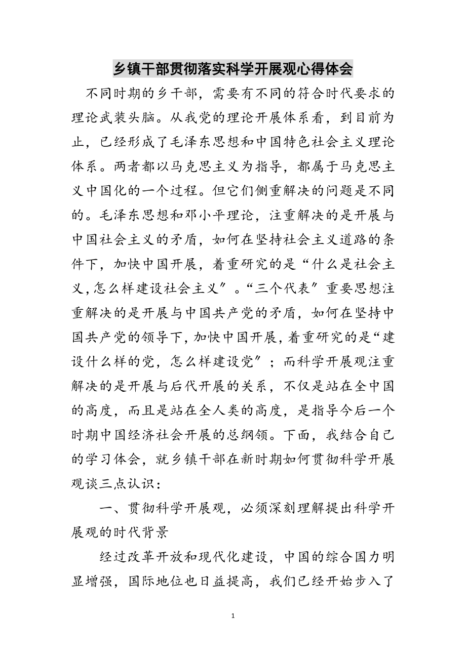 2023年乡镇干部贯彻落实科学发展观心得体会范文.doc_第1页