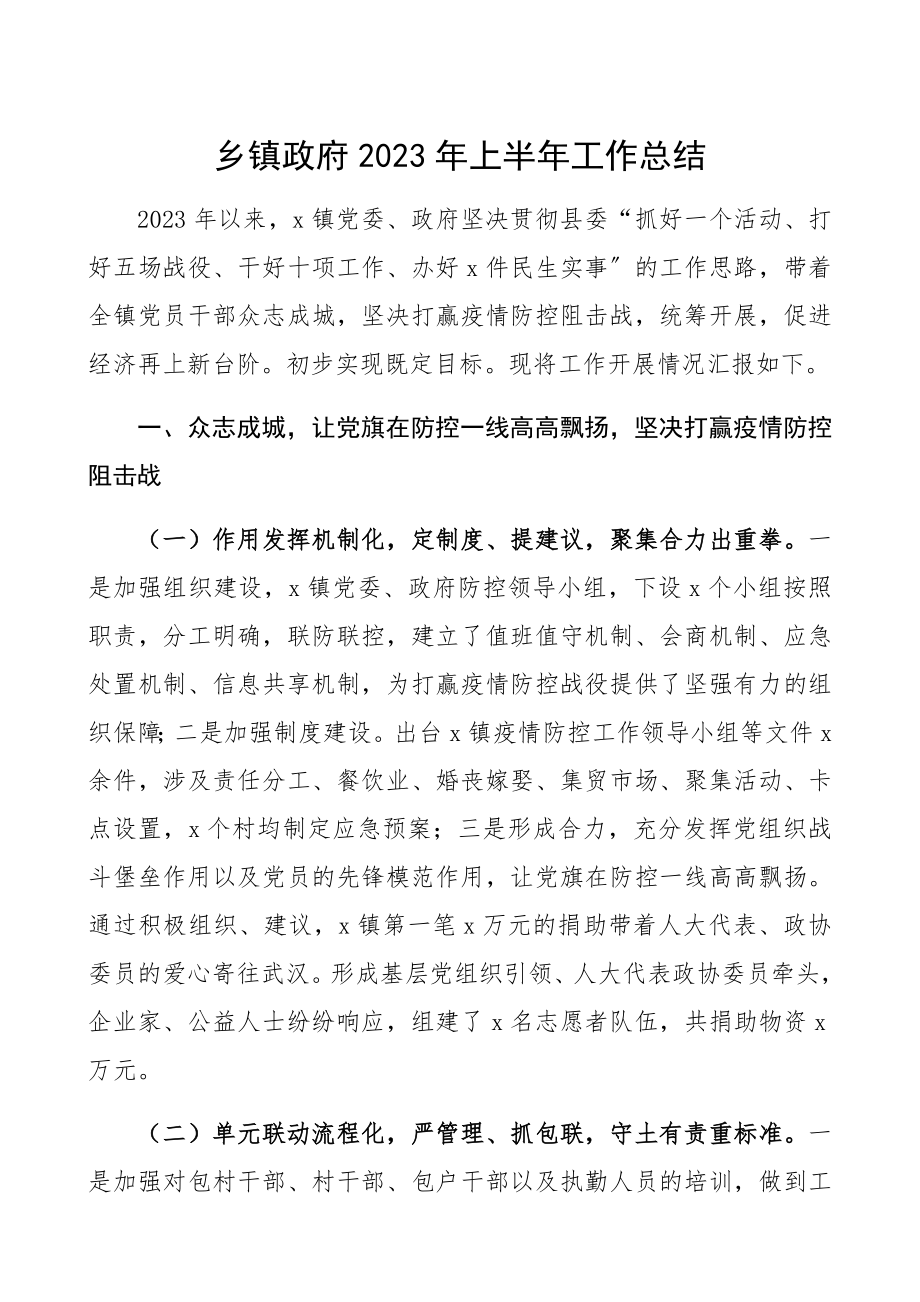 乡镇半年总结乡镇政府2023年上半年工作总结精编.docx_第1页