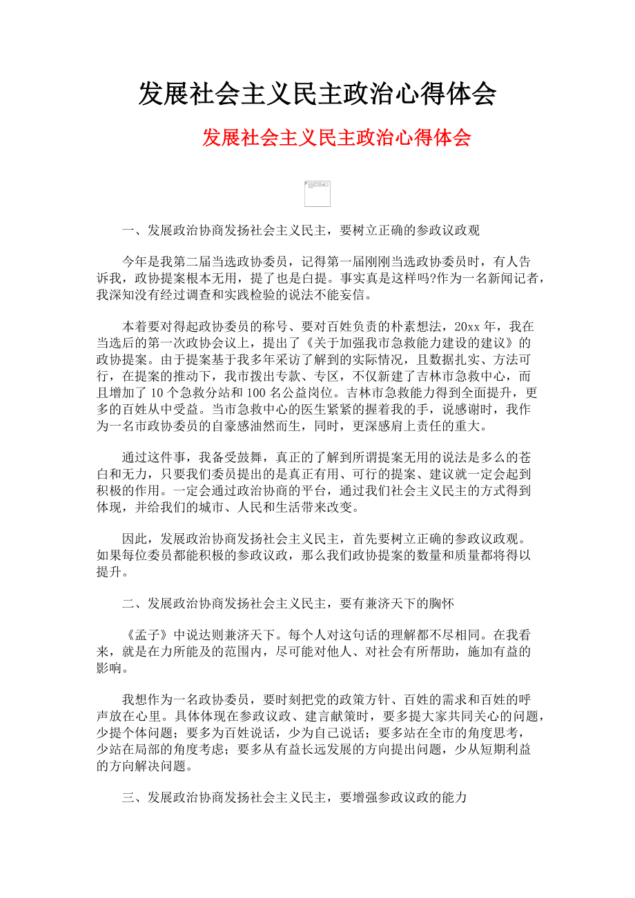 2023年发展社会主义民主政治心得体会.doc_第1页