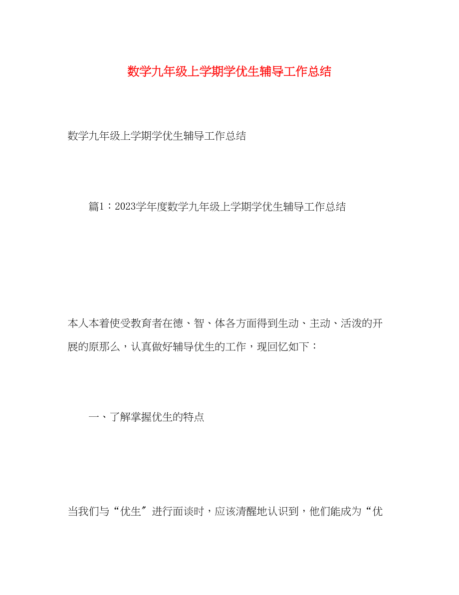 2023年数学九级上学期学优生辅导工作总结.docx_第1页