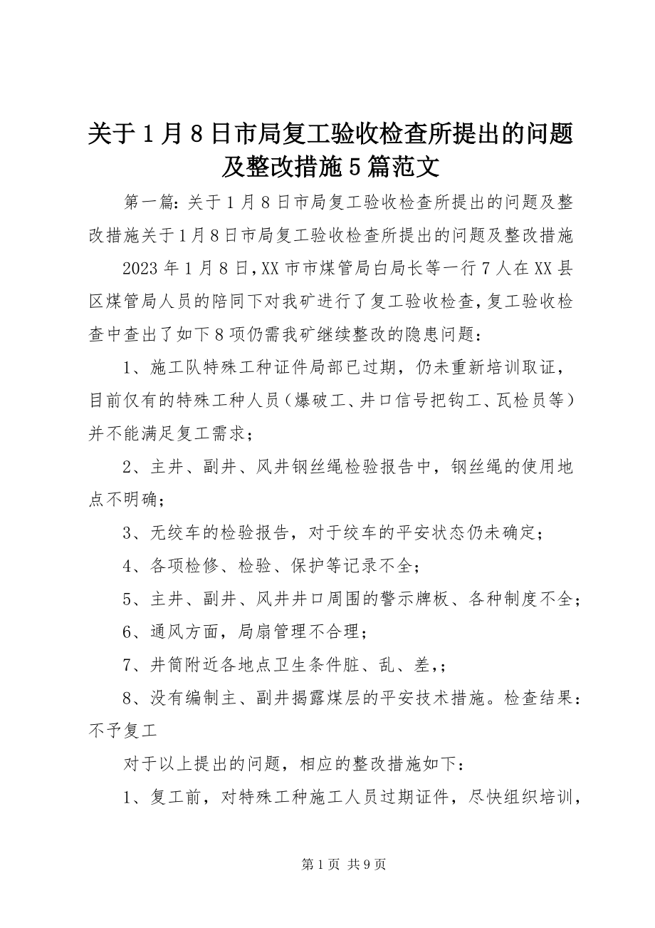 2023年1月8日市局复工验收检查所提出的问题及整改措施5篇.docx_第1页