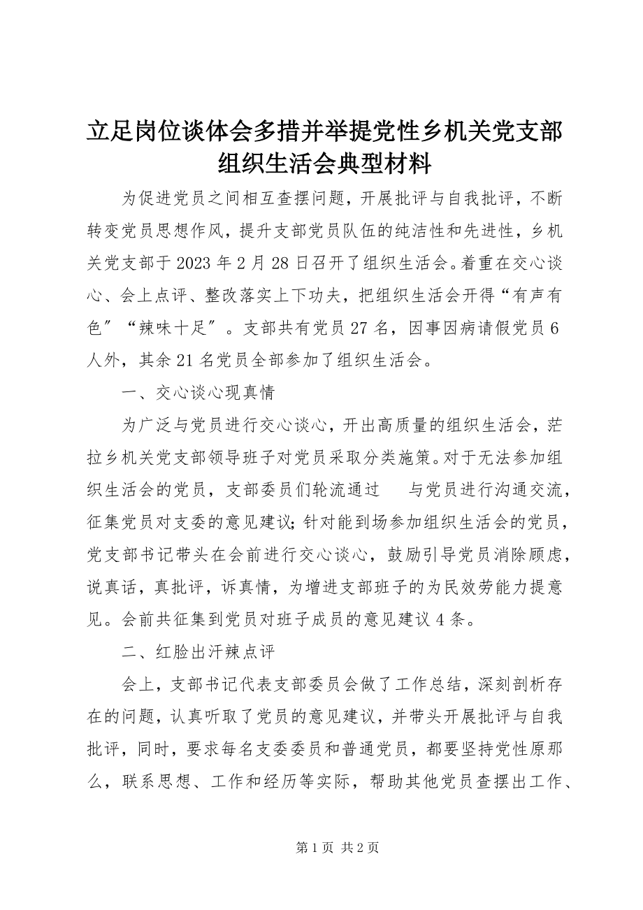 2023年立足岗位谈体会多措并举提党性乡机关党支部组织生活会典型材料.docx_第1页