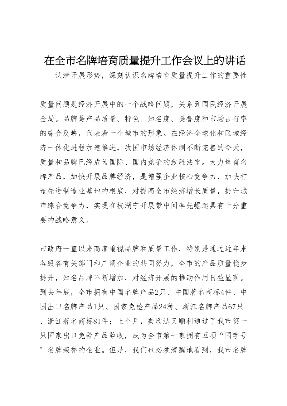 2023年在全市名牌培育质量提升工作会议上的致辞.doc_第1页