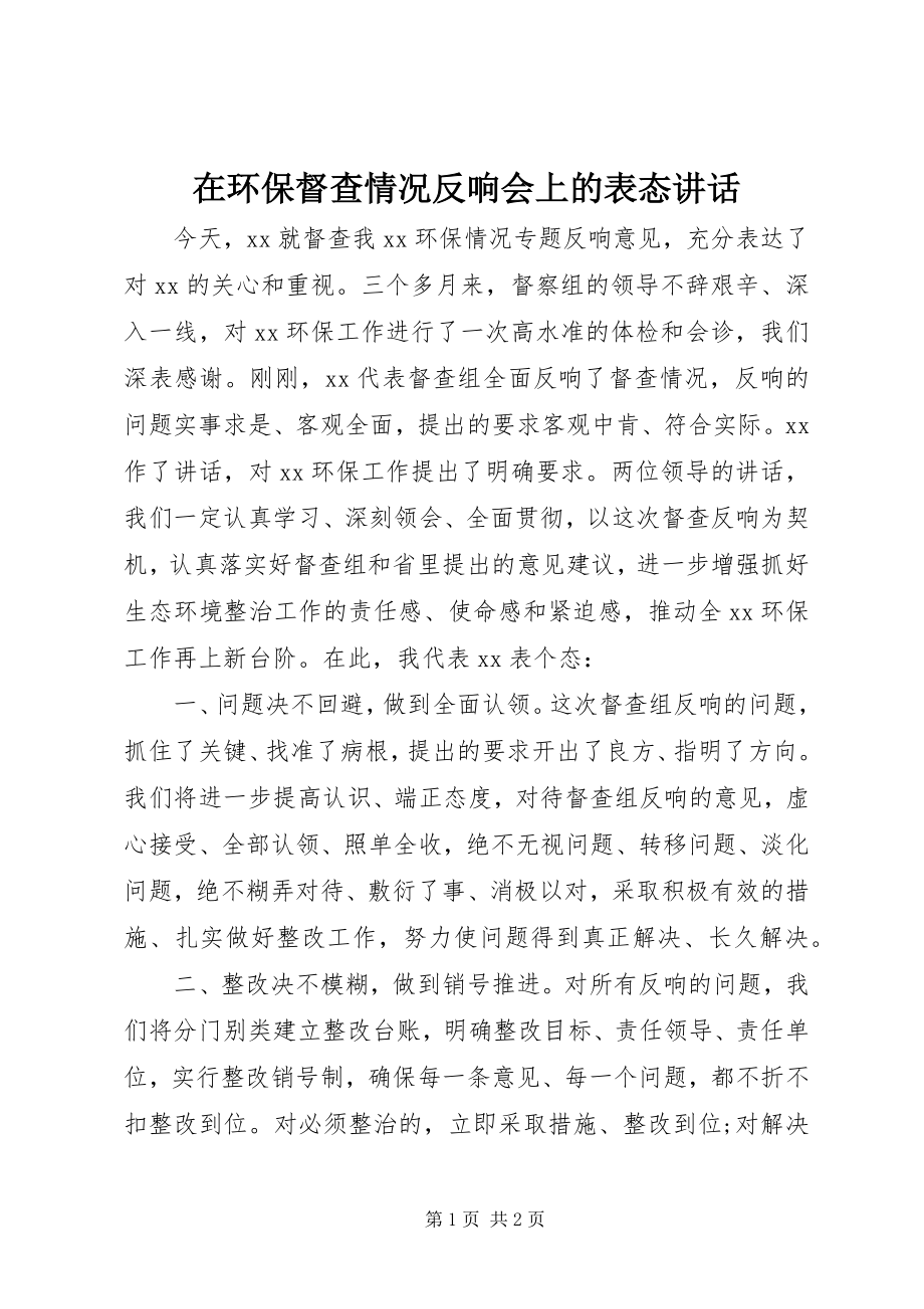 2023年在环保督查情况反馈会上的表态致辞.docx_第1页