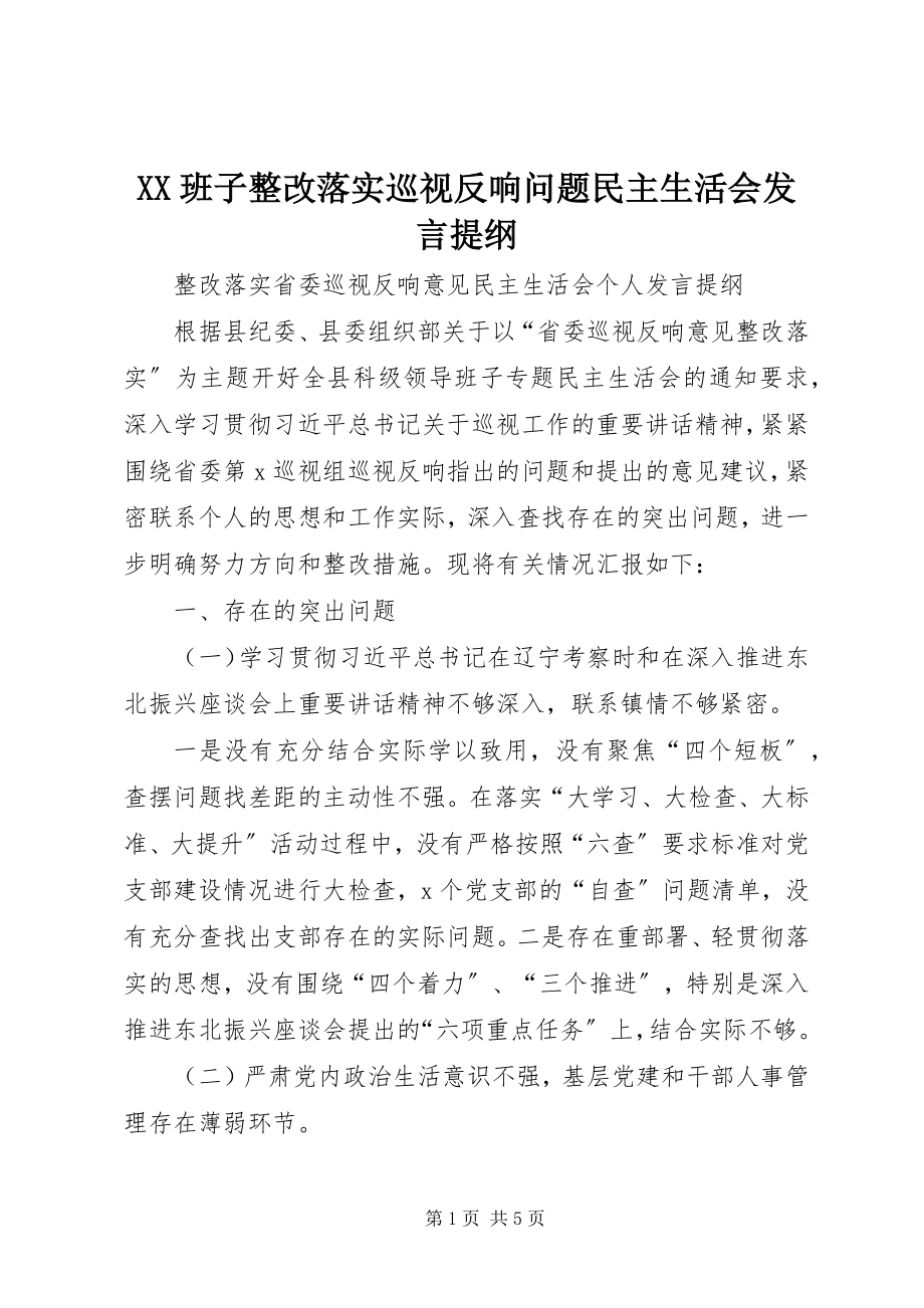 2023年XX班子整改落实巡视反馈问题民主生活会讲话提纲.docx_第1页