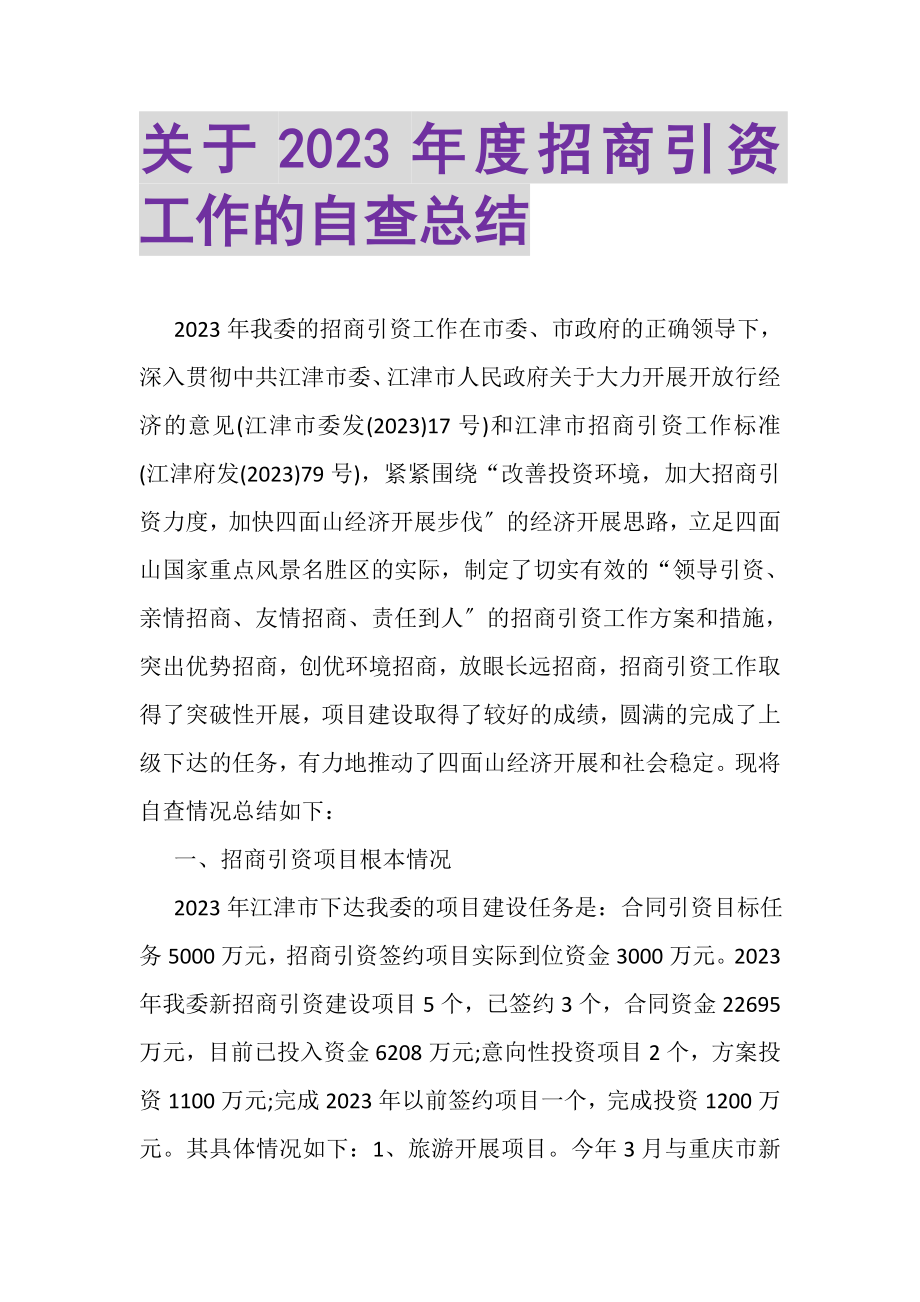 2023年关于年度招商引资工作的自查总结.doc_第1页