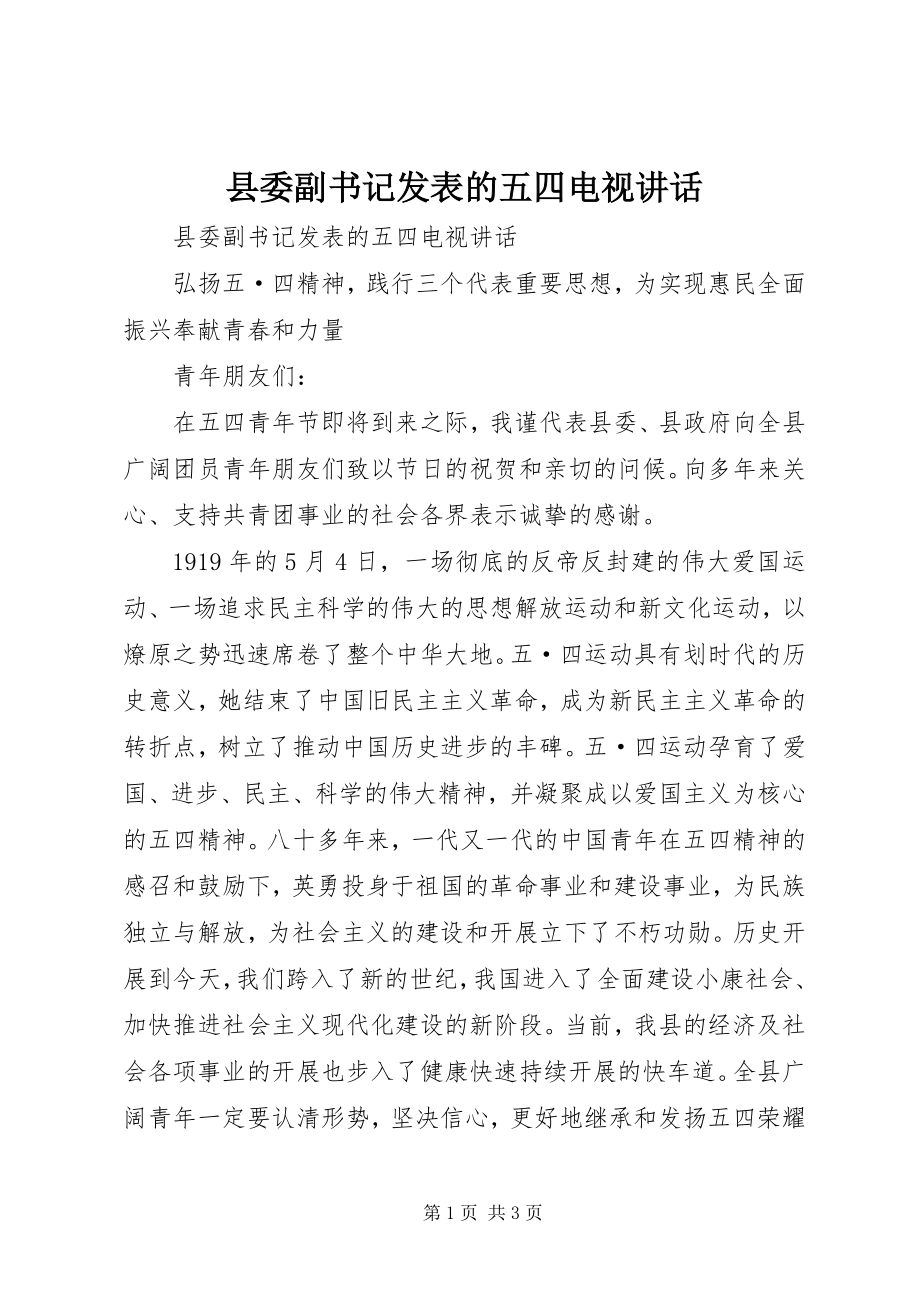 2023年县委副书记发表的五四电视致辞.docx_第1页