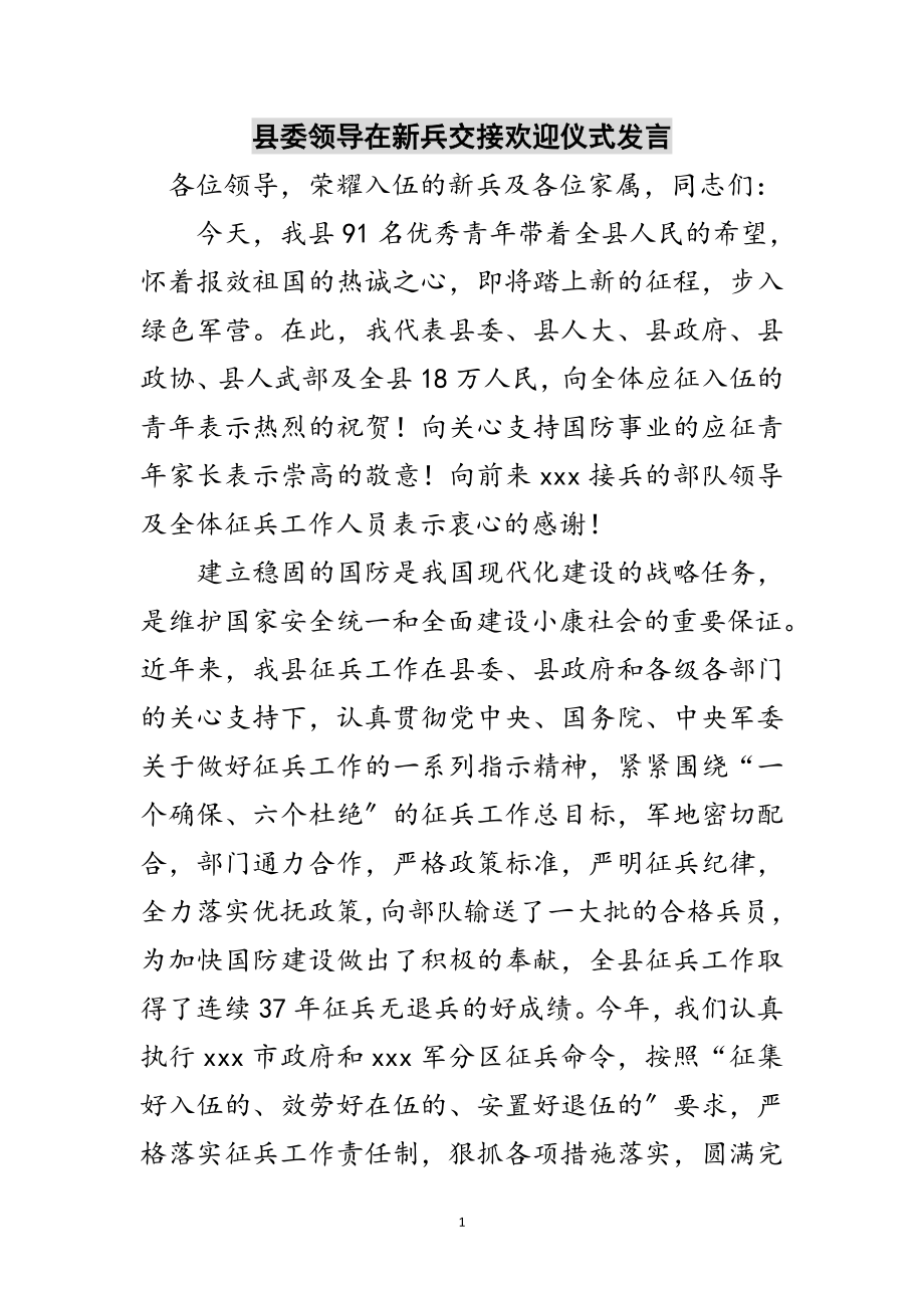 2023年县委领导在新兵交接欢送仪式发言范文.doc_第1页