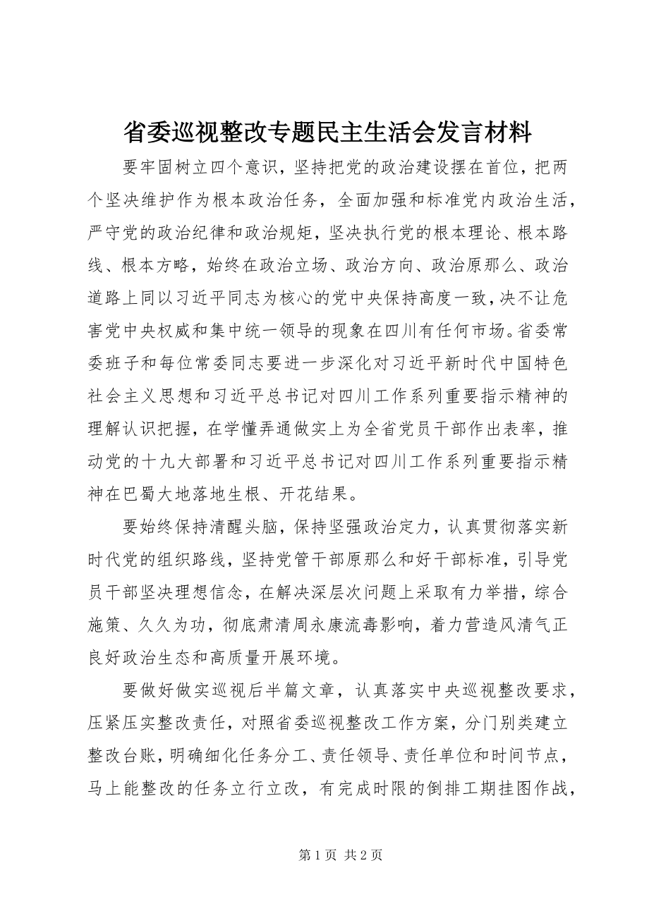 2023年省委巡视整改专题民主生活会讲话材料.docx_第1页