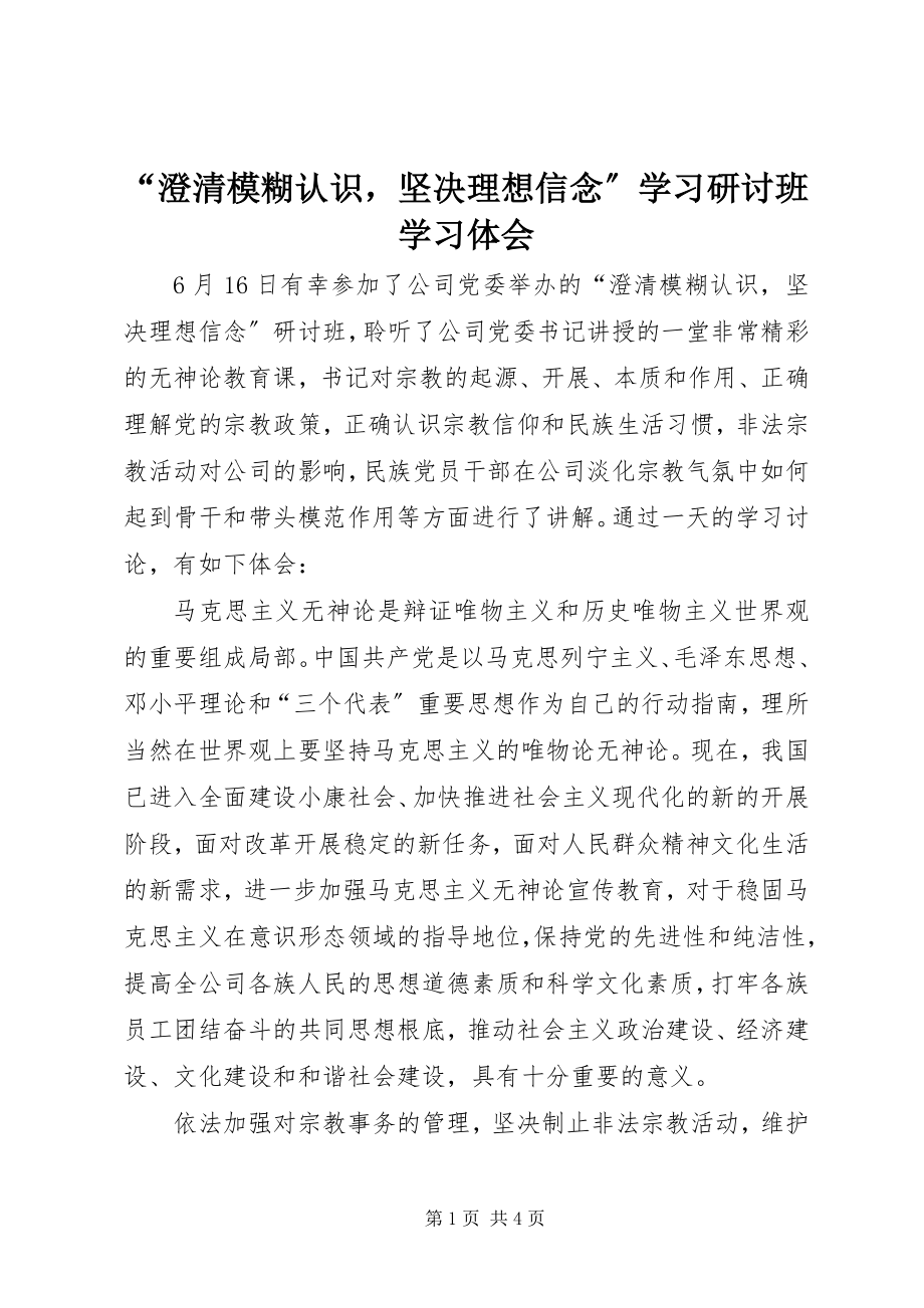 2023年“澄清模糊认识坚定理想信念”学习研讨班学习体会新编.docx_第1页