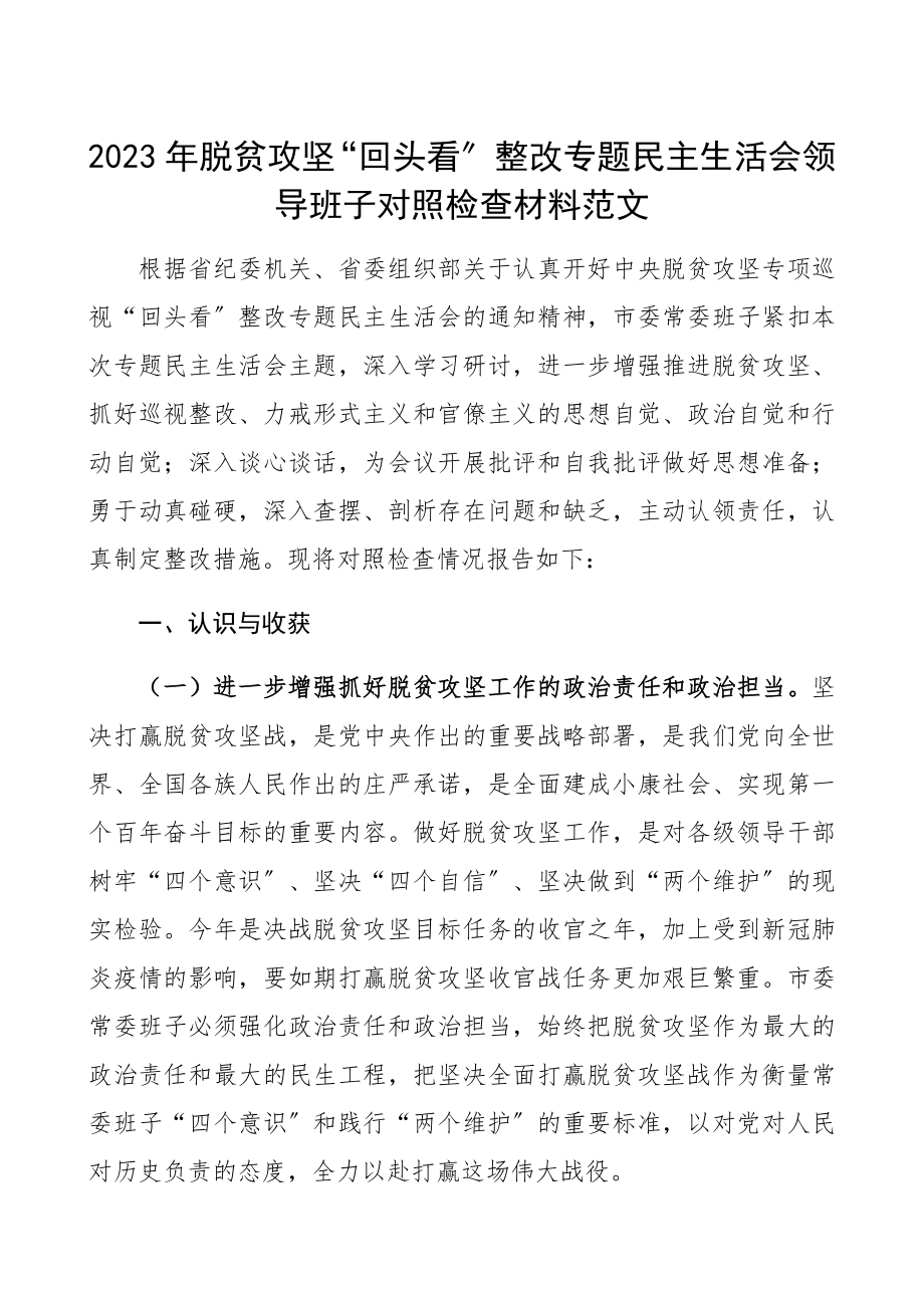 2023年脱贫攻坚“回头看”整改专题民主生活会领导班子对照检查材料精编.docx_第1页