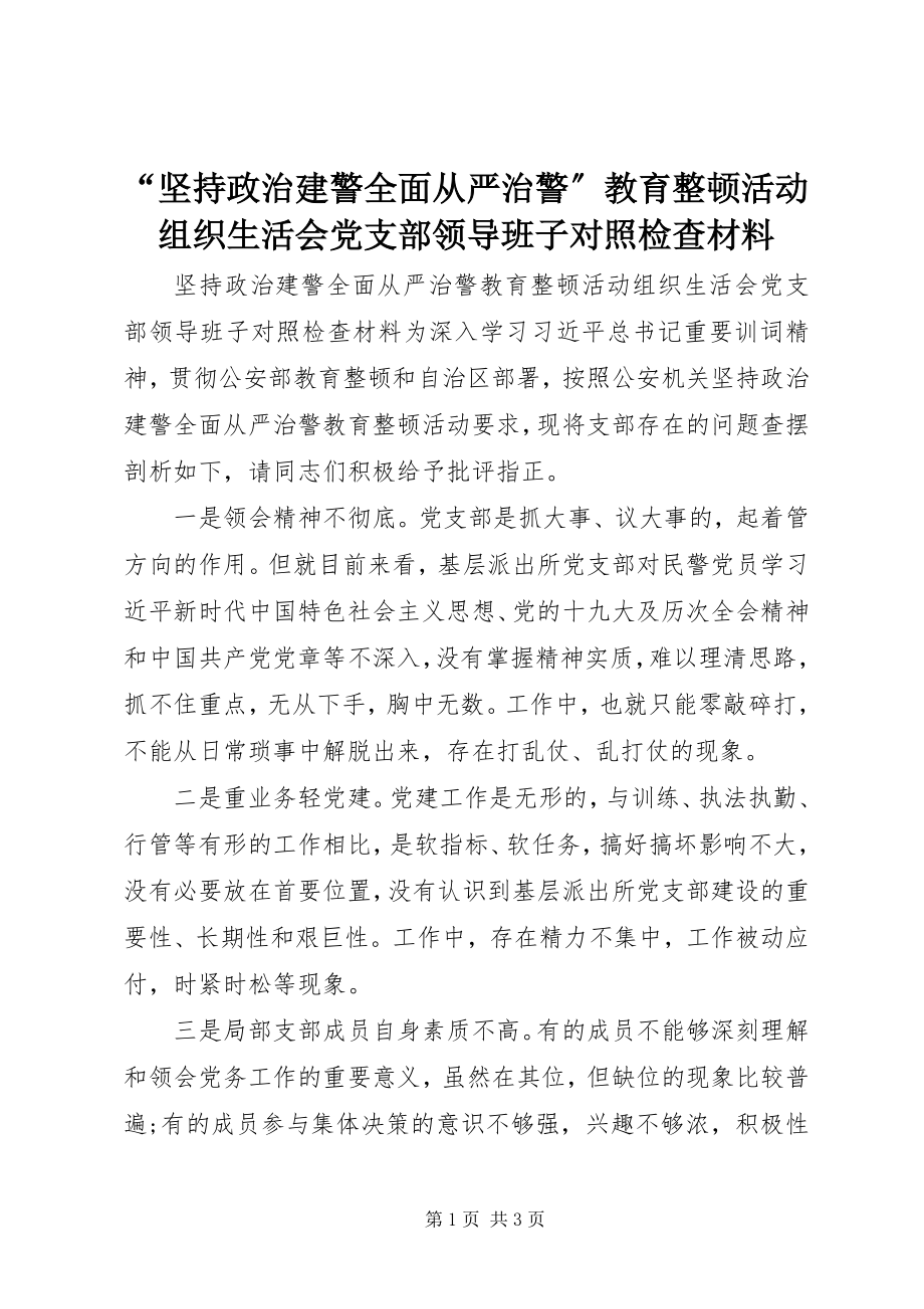 2023年坚持政治建警全面从严治警教育整顿活动组织生活会党支部领导班子对照检查材料.docx_第1页