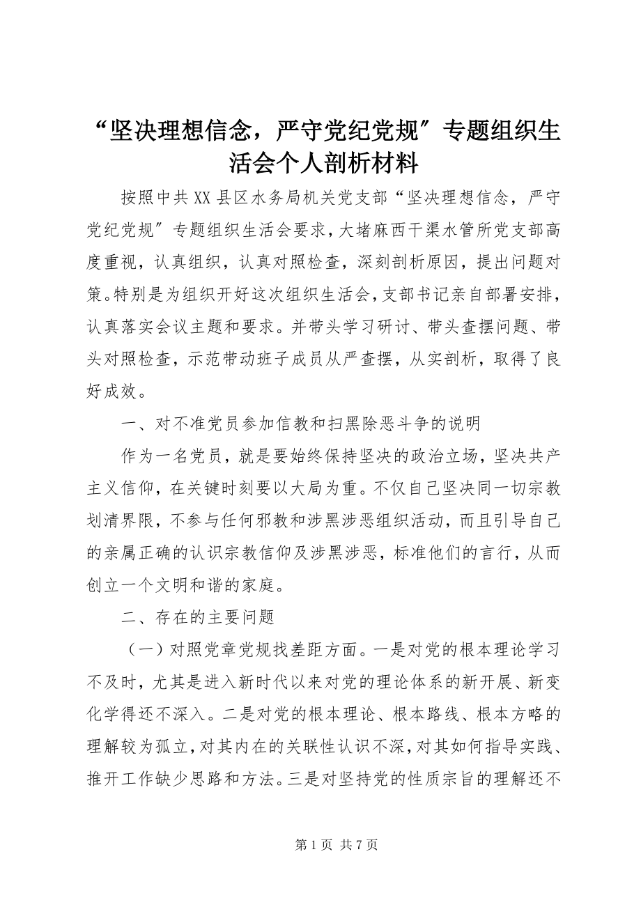 2023年坚理想信念严守党纪党规专题组织生活会个人剖析材料.docx_第1页