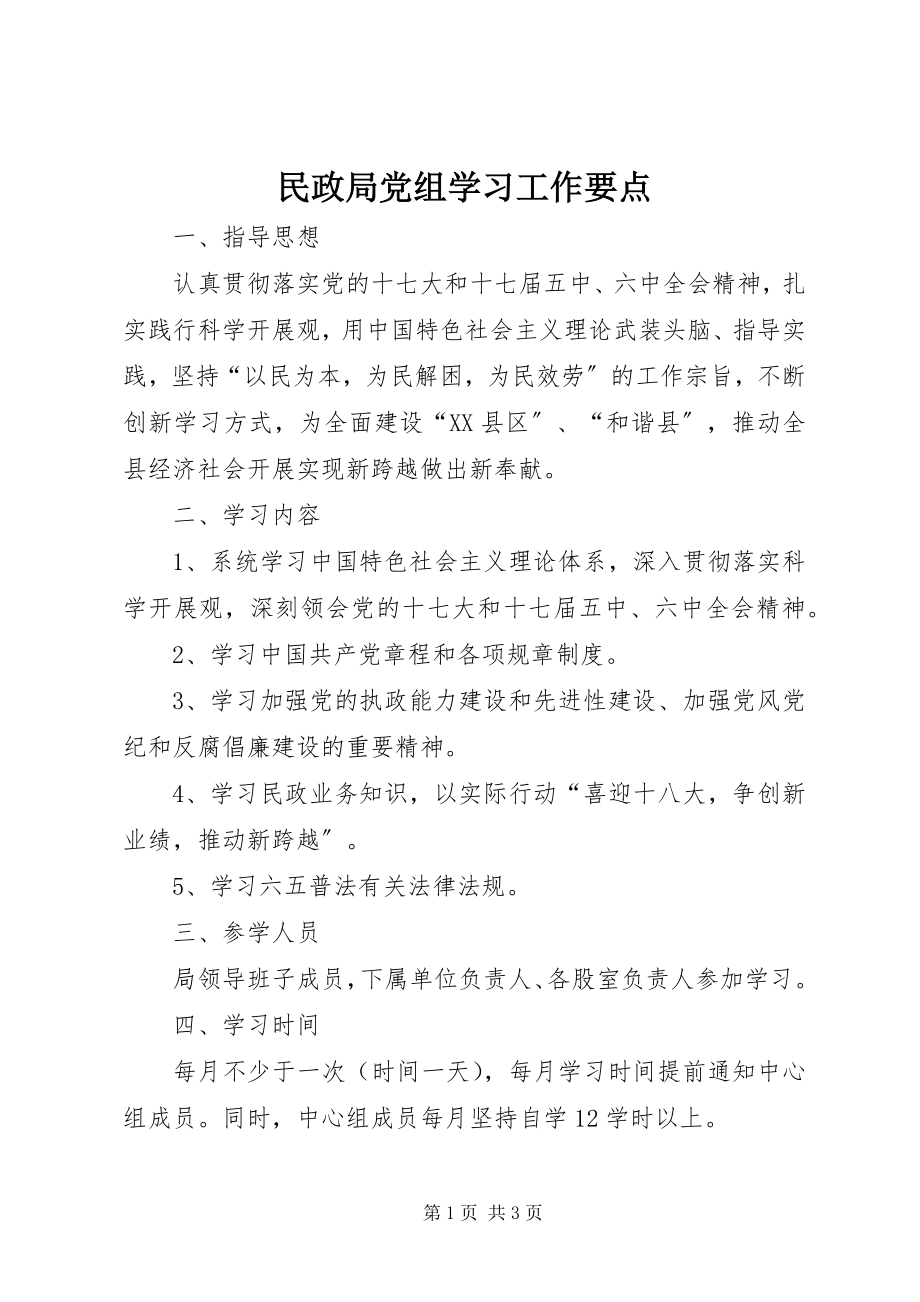 2023年民政局党组学习工作要点.docx_第1页