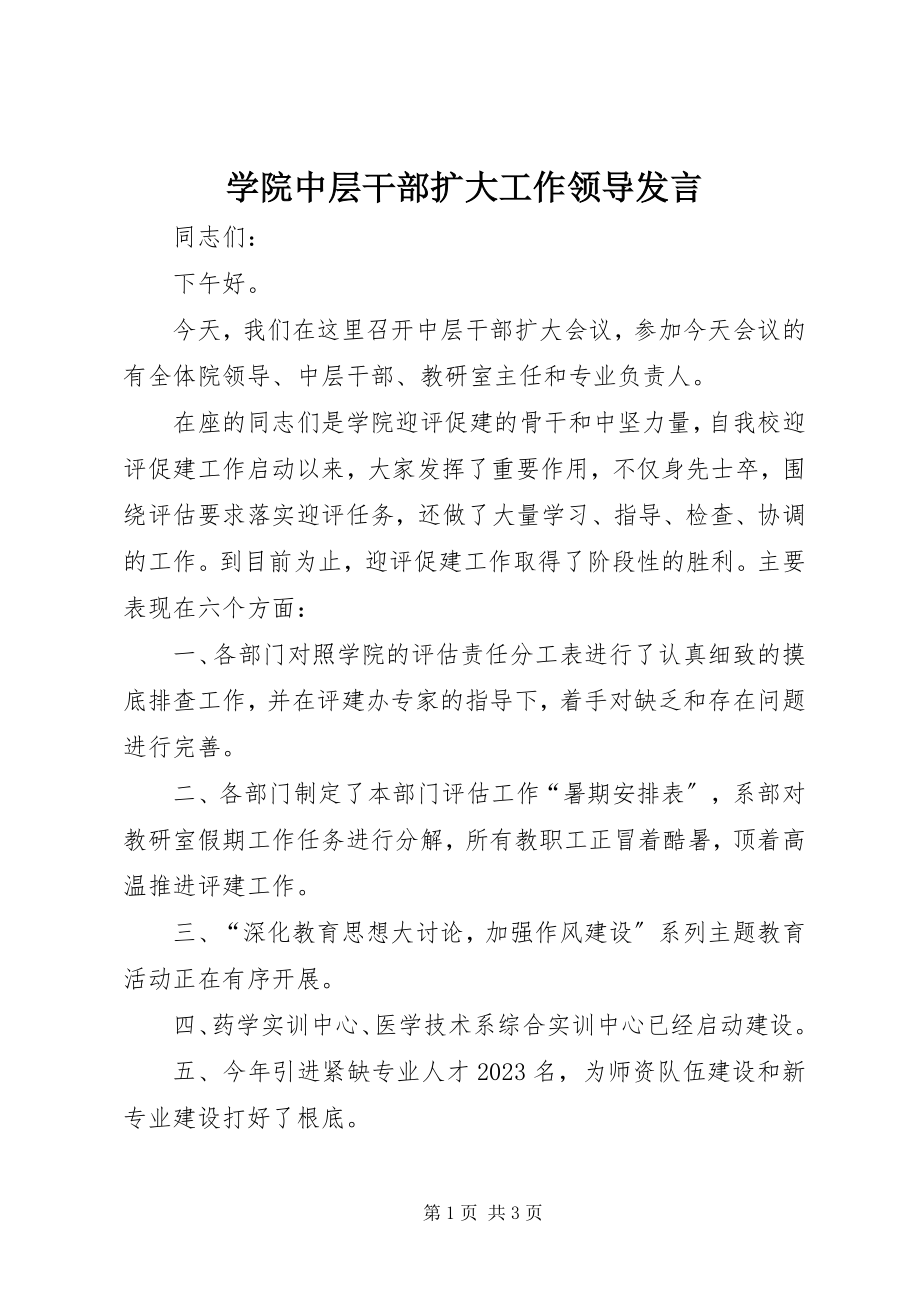 2023年学院中层干部扩大工作领导讲话.docx_第1页