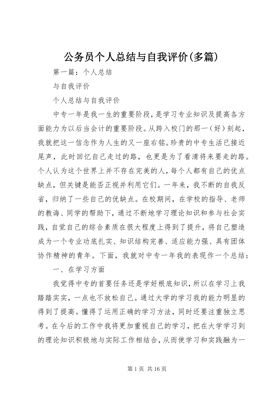 2023年公务员个人总结与自我评价精选多篇.docx_第1页