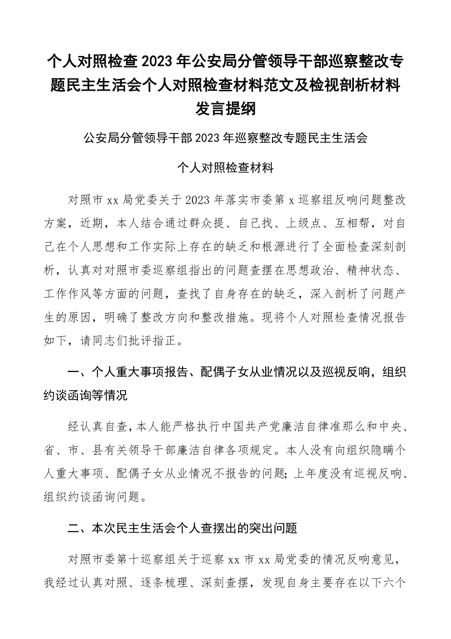 公安局分管领导干部2023年巡察整改专题民主生活会个人对照检查材料及检视剖析材料发言提纲.docx_第1页