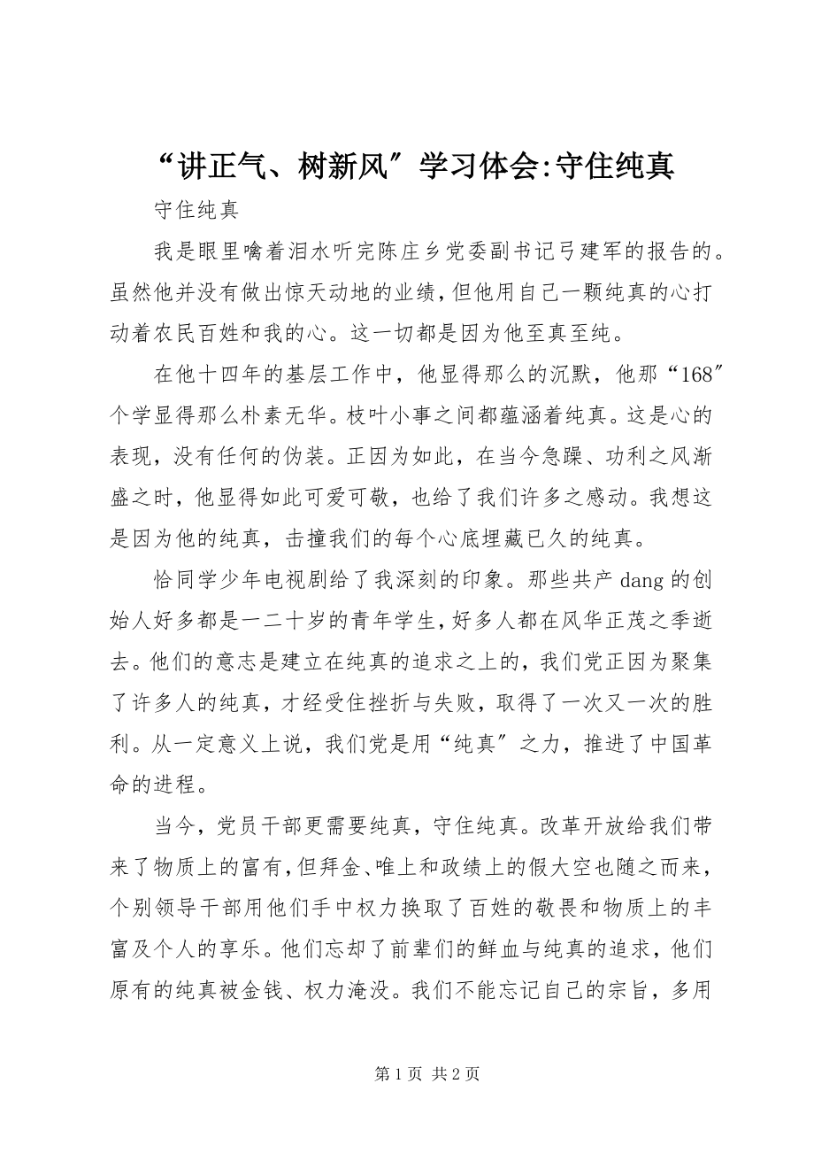 2023年“讲正气树新风”学习体会守住纯真.docx_第1页