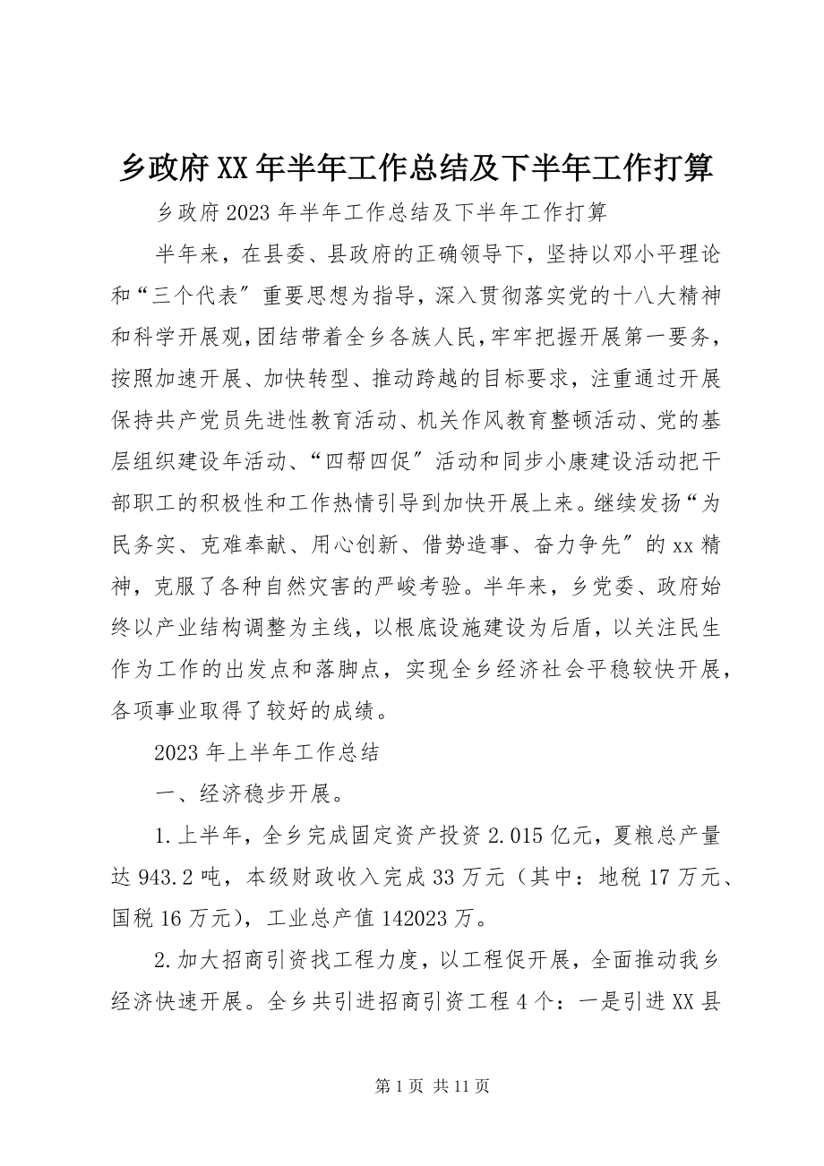 2023年乡政府半年工作总结及下半年工作打算.docx_第1页