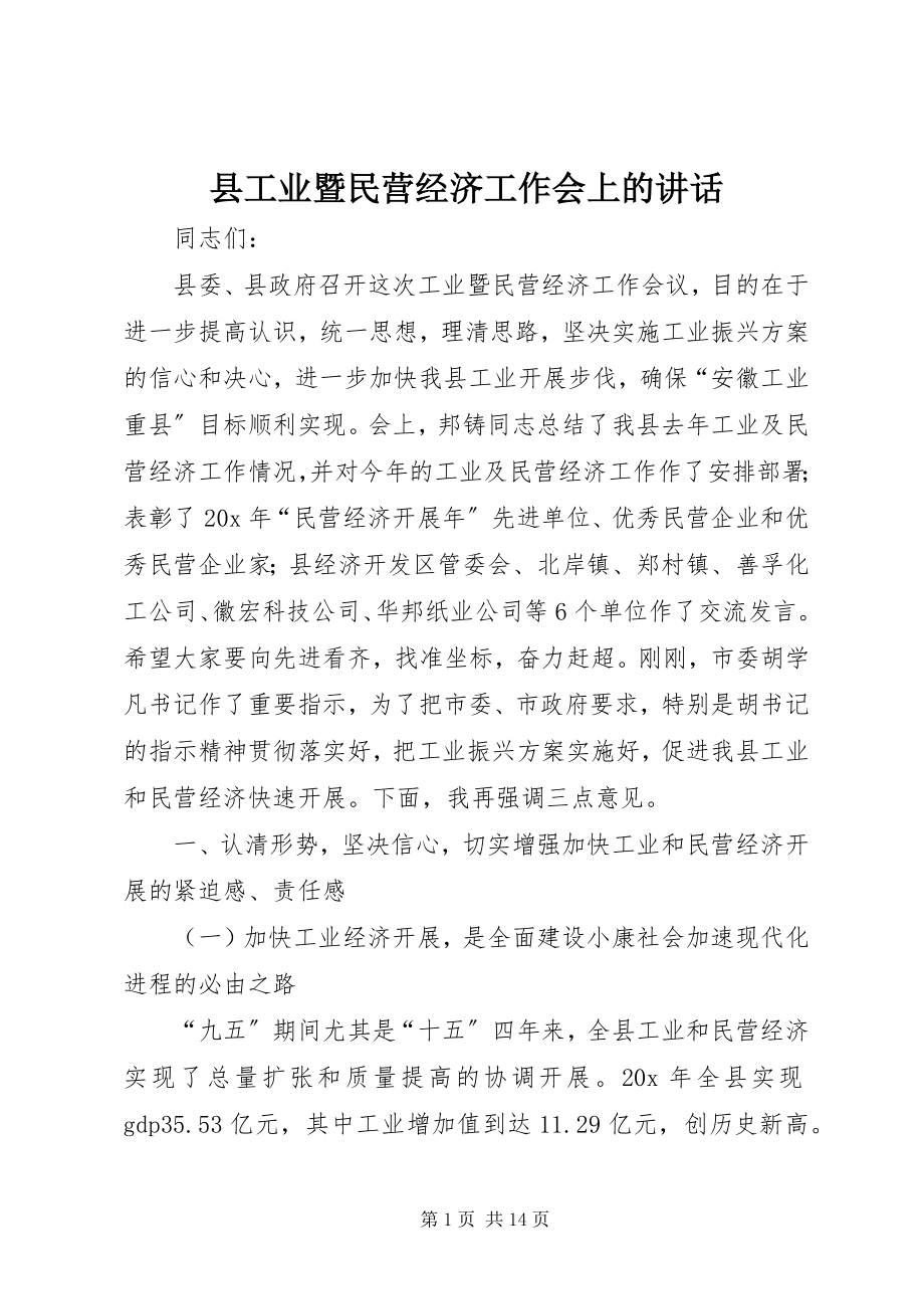 2023年县工业暨民营经济工作会上的致辞.docx_第1页