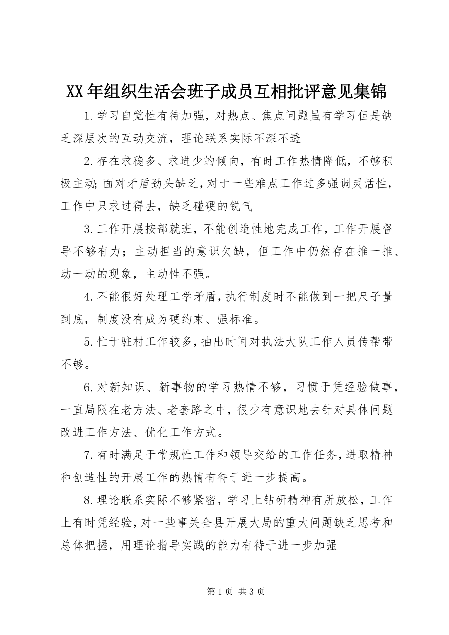 2023年组织生活会班子成员互相批评意见集锦.docx_第1页