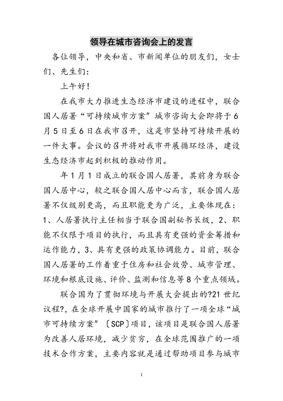 2023年领导在城市咨询会上的发言范文.doc_第1页