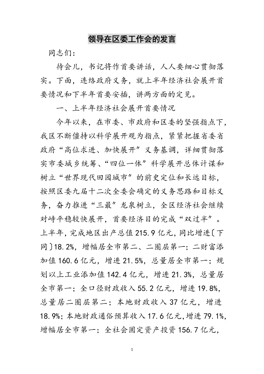 2023年领导在区委工作会的发言范文.doc_第1页