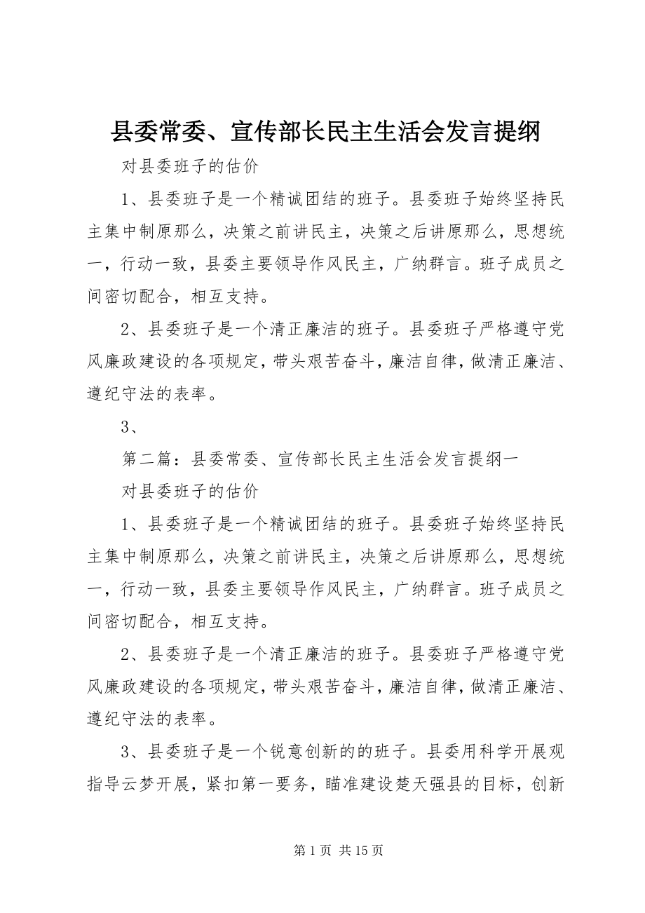 2023年县委常委宣传部长民主生活会讲话提纲.docx_第1页