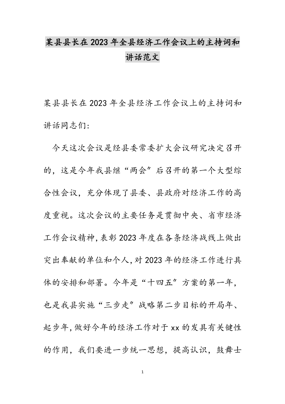 某县县长在2023年全县经济工作会议上的主持词和讲话.docx_第1页