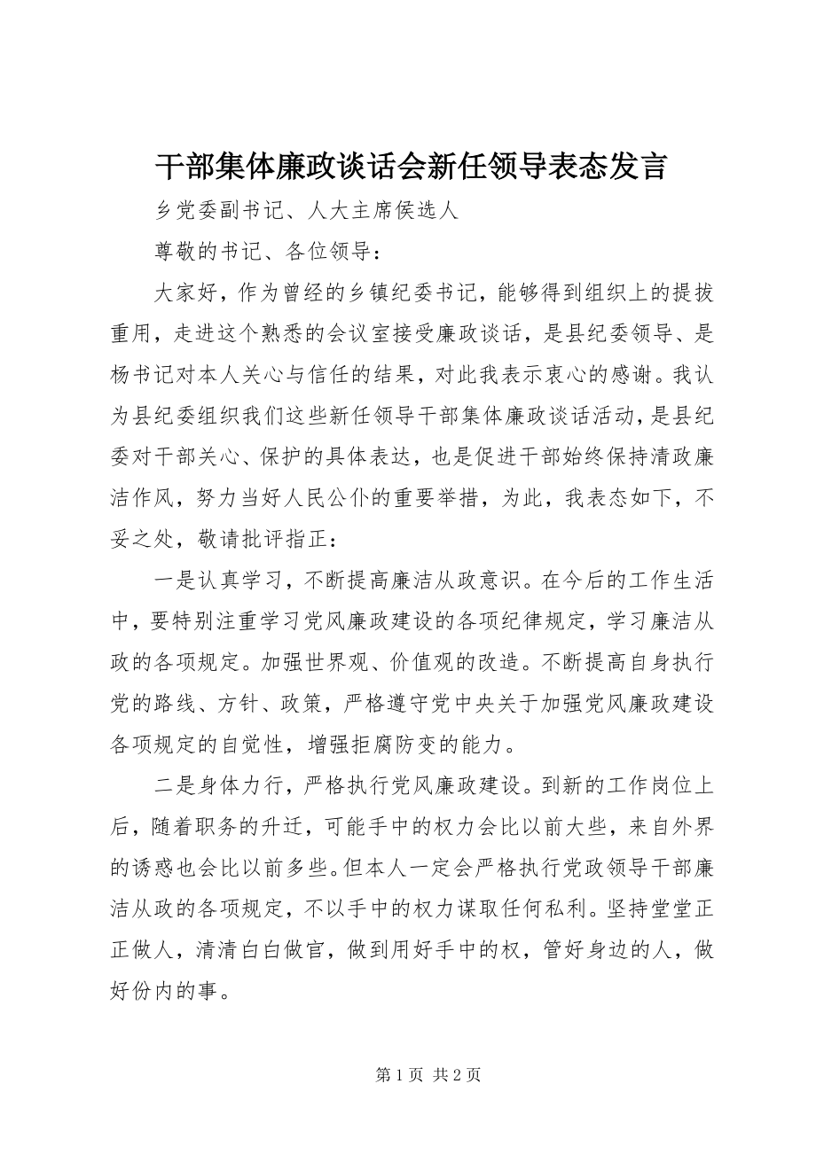 2023年干部集体廉政谈话会新任领导表态讲话.docx_第1页