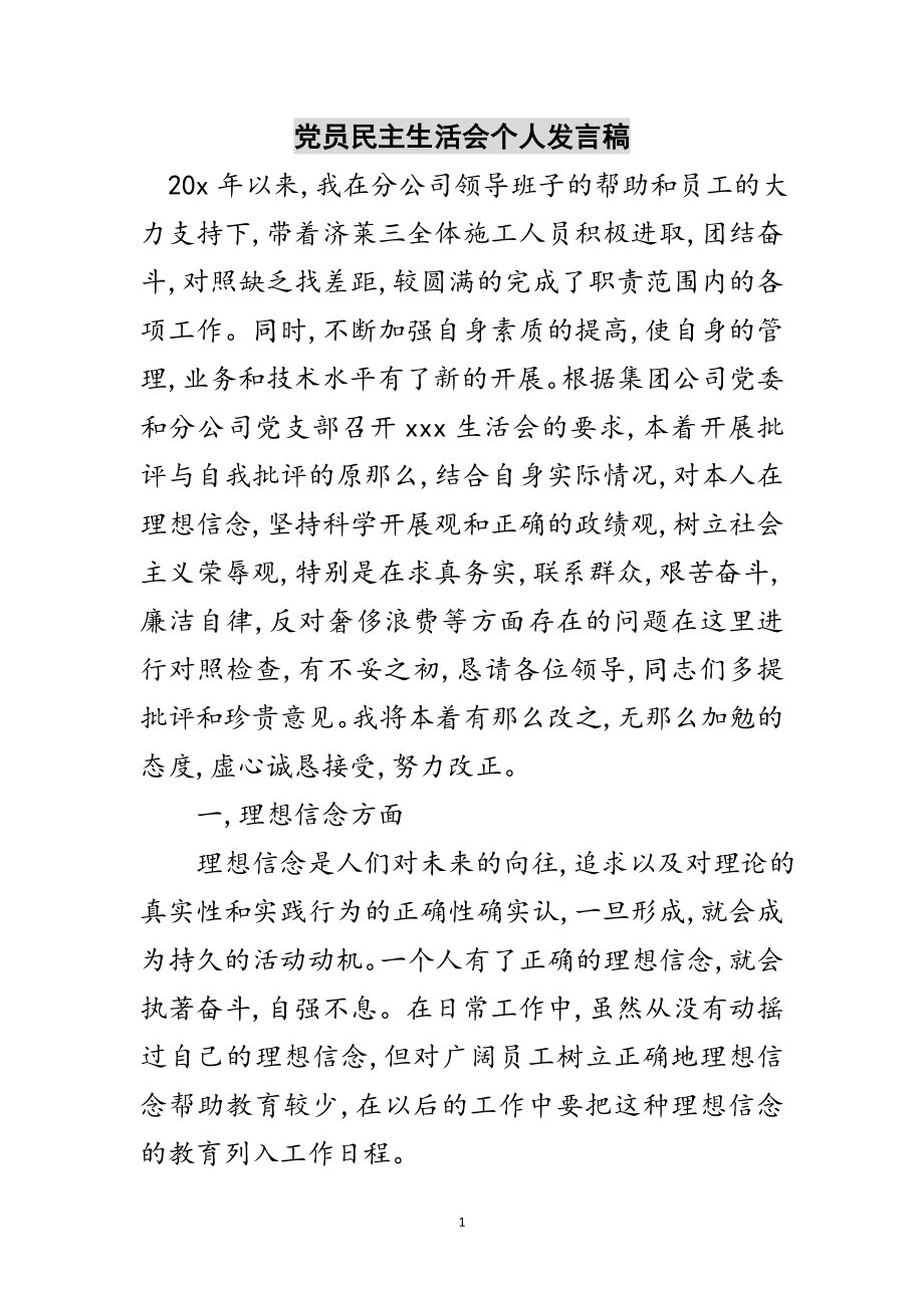 2023年党员民主生活会个人发言稿范文.doc_第1页