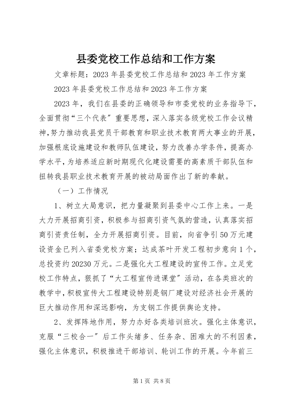 2023年县委党校工作总结和工作计划.docx_第1页