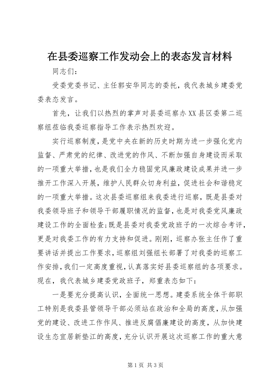 2023年在县委巡察工作动员会上的表态讲话材料.docx_第1页